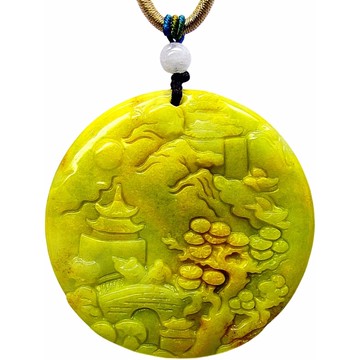頂級黃翡種發財山水牌 天然A貨翡翠玉石吊墜子項鍊H50