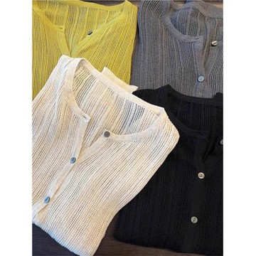 V領鏤空防曬針織開衫女夏季薄款冰絲空調罩衫透視小披肩外搭上衣