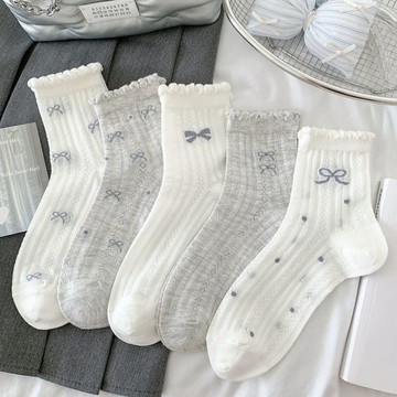 灰色系中筒襪 薄款 蝴蝶結 花邊襪子 透氣 ins堆堆襪 少女襪子 芭蕾風 小衆設計 中筒襪