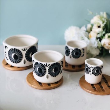 出口美國ins家居風手工彩繪貓頭鷹設計造型陶瓷量杯4件套烘培工具