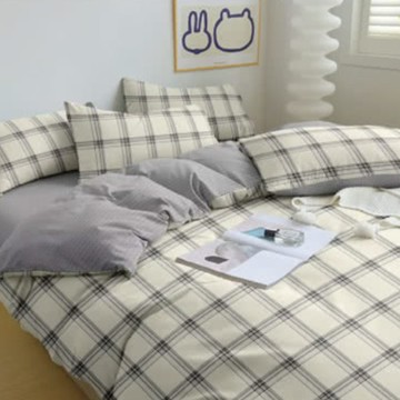 A-ONE 雪紡棉被套床包組 環保印染 染色堅牢 磨毛處理 舒適透氣  棋盤格黃  雙人加大  床包 + 枕套2個 + 薄被套