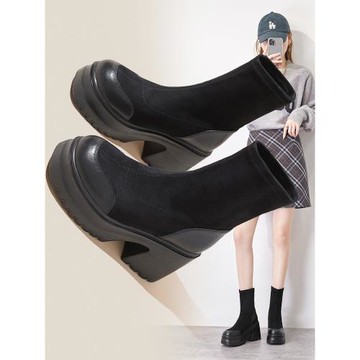 高跟馬丁靴女款2025新款爆款春季厚底增高彈力靴絨面黑色靴子短靴