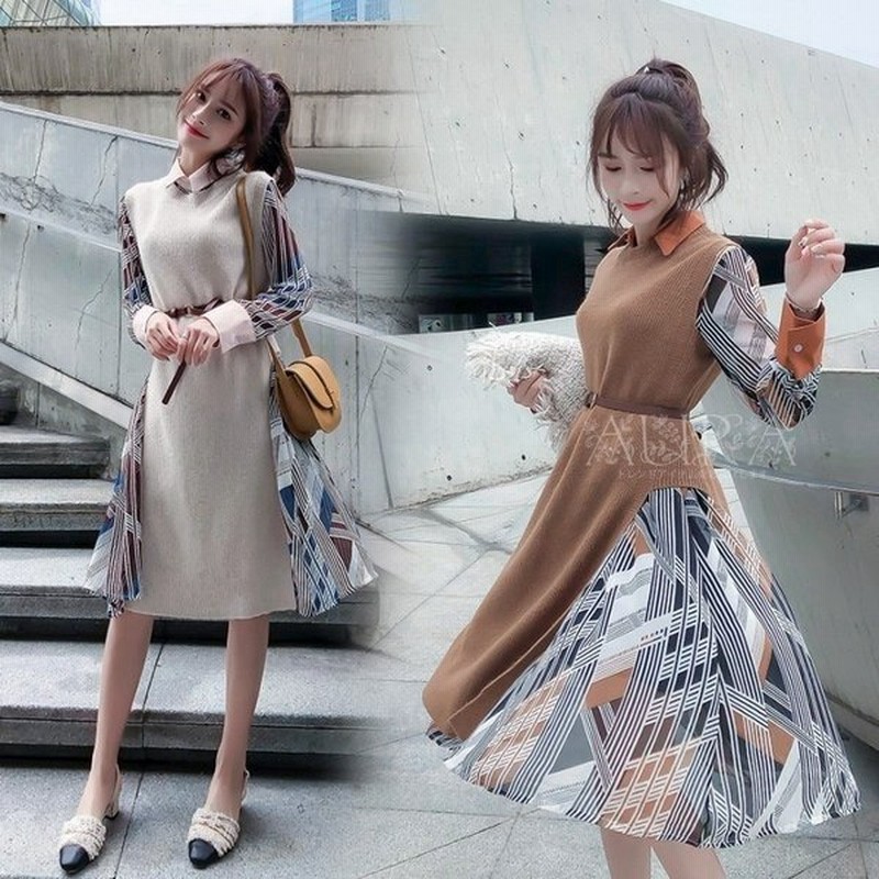 ワンピース 春秋冬 膝丈ワンピース 2点セット ニットベスト 切替 大人可愛い レディース きれいめ 幾何学柄 ワンピース 長袖 ワンピ 韓国風 新 通販 Lineポイント最大get Lineショッピング