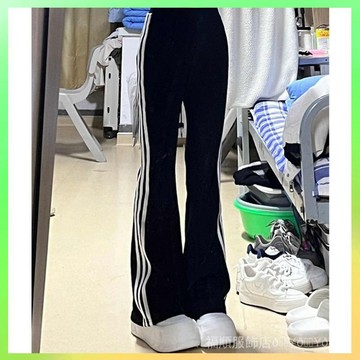 🔥臺灣出貨 黑色美式微喇叭褲女小個子夏款高腰彈力休閒直筒三條槓運動長褲潮 限時特賣X315-2B