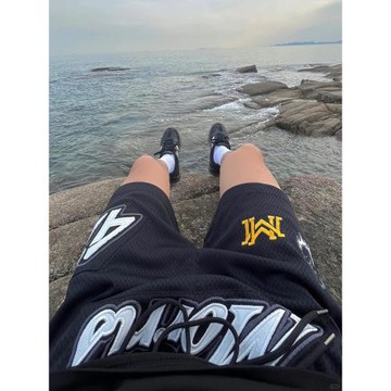 美式復古貼布刺繡圖案美式短褲夏季雙層網眼透氣抽繩四分運動褲潮