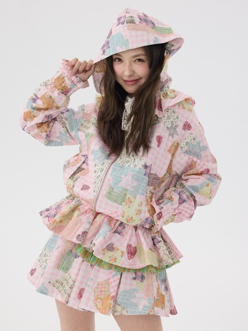 粉色蕾絲印花花邊領帽子外套裙褲套裝可愛