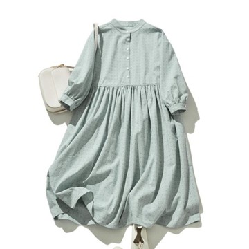 散發自然氣息 拼接長袖洋裝 淺綠色 24A04-2