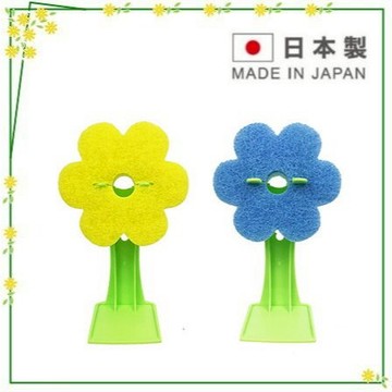 asdfkitty*日本製 小花造型 清潔海綿-附收納架-藍色+黃色 菜瓜布 -放浴室實用又漂亮