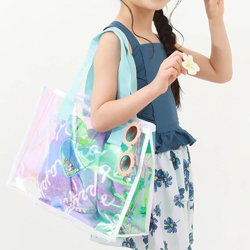 日本 devirock - 獨角獸色系閃亮愛心PVC防水游泳包-白藍系 (27x35x14cm)