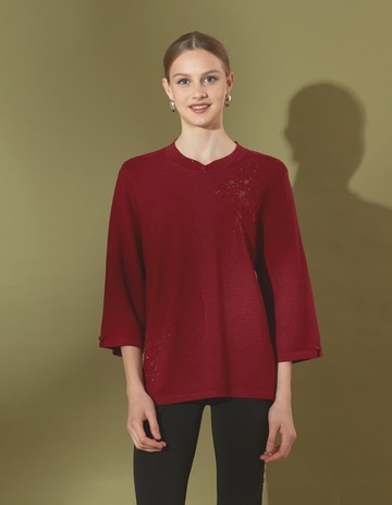 ★【喜芝梅】金秋輝映 精緻刺繡圖案細膩復古領長袖針織上衣(三色；F) 224160803