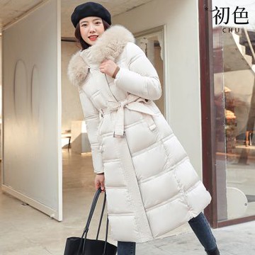 初色 休閒純色厚款修身腰帶拼接撞色毛領連帽長袖長款棉服外套女外套-共8色-16612(M-3XL可選)