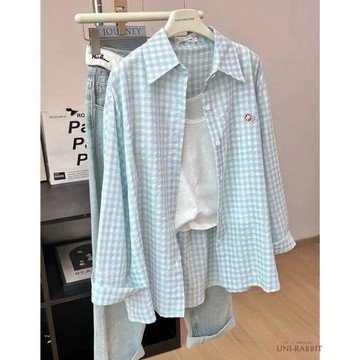 格子藍色襯衫長袖新款刺繡襯衣夏季薄款防曬外套寬鬆拼接休閒上衣