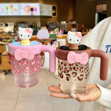 ✨臺灣出貨✨吸管水杯男女生高顏值水杯子夏季冰霸杯辦公室桌面水杯帶手柄豹紋