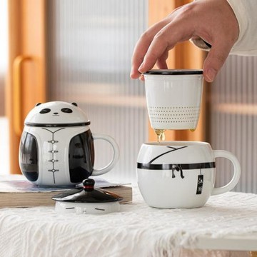 跨境陶瓷茶杯帶蓋創意熊貓茶水分離杯生日禮物實用禮品可定制logo