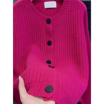 歐貨重磅秋冬季新款女裝玫紅色開衫休閑針織衫毛衣2025高級感上衣