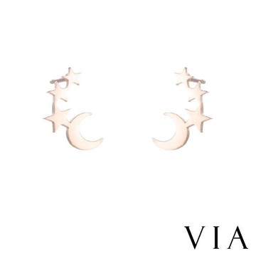 【VIA】星空系列 星月相連造型白鋼耳釘 造型耳釘 玫瑰金色