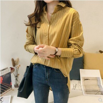慵懶風襯衫女長袖打底衫秋裝新款韓版寬松百搭條紋Polo領襯衣1入