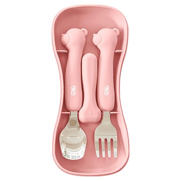 tgm 矽膠小熊造型不鏽鋼餐具組 不易滑落 好掌握  珊瑚粉  湯匙 + 叉子 + 收納盒  1組