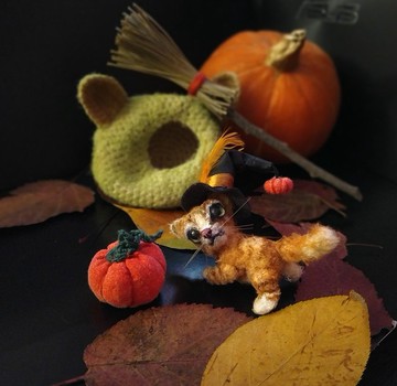 收藏针织毛绒娃娃猫在魔术帽与南瓜amigurumi可爱的玩具