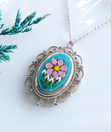 【西洋古董飾品 】ITALY 微型馬賽克 銀色調 花卉掐絲 項鍊