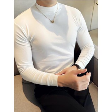純棉半高領長袖T恤男2025秋季純色緊身打底衫上衣韓版修身體恤衫
