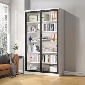 書櫃 鋼制移門玻璃門書櫃家用展示櫃推拉門帶鎖資料書架鐵藝收納儲物櫃S0128快速出貨