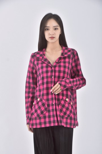 (M) dailo棉質純棉格紋粉色長袖上衣