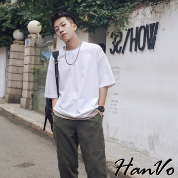 【HanVo】男款假兩件純色簡約圓領T恤 舒適透氣百搭寬鬆短袖上衣 韓版潮流日常T 男生衣著 B01-1013