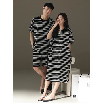 【涼感】垂感莫代爾情侶睡衣女款夏季條紋睡裙男士圓領短袖家居服