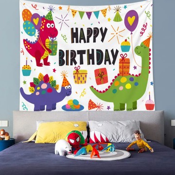 薄款磨毛生日掛布聚酯纖維  95 x 73cm  生日恐龍 白底