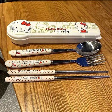 臺灣/現✨餐具 筷子 木筷 公筷 耐高溫ins叮噹貓餐具不鏽鋼筷子kitty貓勺子叉子學生家用套裝便攜三件套