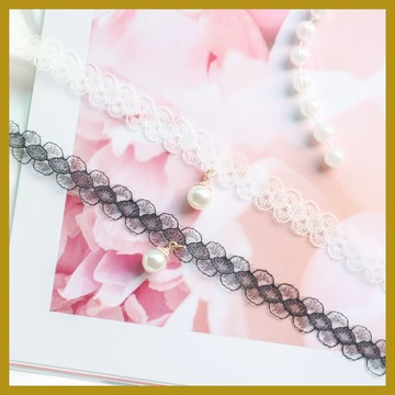 白色花卉蕾絲頸帶 珍珠吊墜黑色頸帶 choker頸鍊 項鍊女