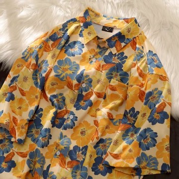 【隔日達】150公斤可穿 黃色花花短袖襯衫 夏天開衫短袖 M-8XL大尺碼襯衫勾勒 藝術感短袖男女 男潮流夏威夷沙灘襯衣