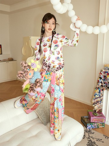 拼布 小熊印花 超薄 立體口袋 工裝褲 寬褲