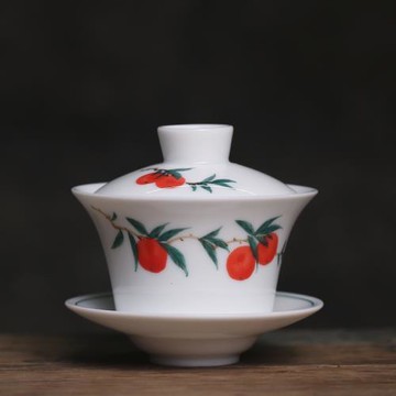 羊脂玉柿柿如意手繪釉下彩高溫陶瓷功夫蓋碗易清洗不留茶漬三才碗