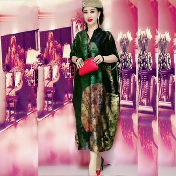 復古大碼連衣裙25夏季新款原創寬松大版印花蝙蝠袖民族風長裙