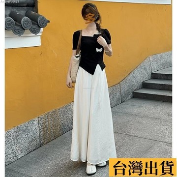 🌈台倉出庫🌈 輕國風溫柔氣質顯瘦套裝女不規則短袖上衣闊腿裙褲兩件套夏季女裝