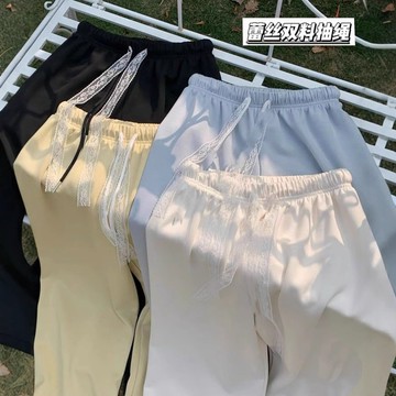 特惠🚀🚀✨蕾絲飄帶奶芙褲 夏季2025新款休閒直筒長褲 高腰肌理感冰絲闊腿褲女