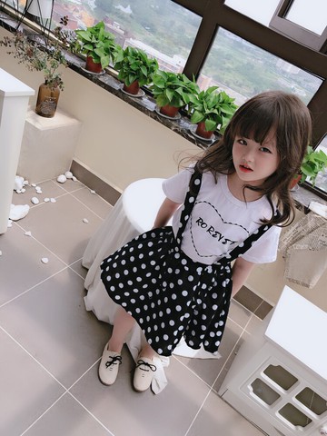 夏季新款 女童小清新套裝 兒童圓領T恤+背帶圓點半身裙兩件套1入