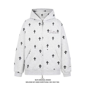 億萬少年BUFU十字架滿印衛衣開衫男女美式哥特風潮牌連帽外套秋冬