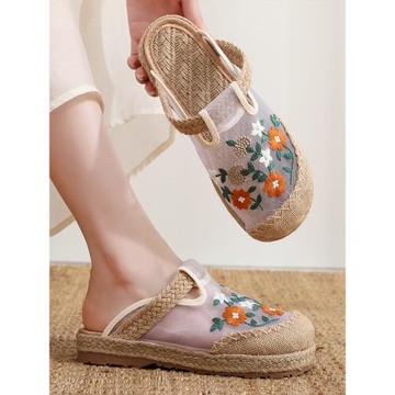 老北京布鞋女淺口透氣懶人繡花涼拖鞋輕便軟底亞麻網布休閑漁夫鞋