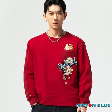 日本藍 BLUE WAY – 金標福氣莽莽繡花拼接圓領長TEE(紅)