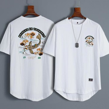 oversize中國風國潮荷花魚短袖T恤男潮寬松大碼五分袖情侶裝半袖