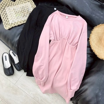 中長款連衣裙套頭長袖收腰顯瘦純色百搭裙子  I#281入