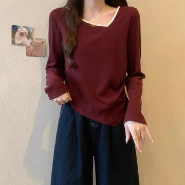 安可拉紅色V領正肩長袖T恤大碼女裝秋季胖mm內搭打底衫不規則上衣 寬鬆顯瘦打底衫 韓版減齡時尚T恤 「樂購」