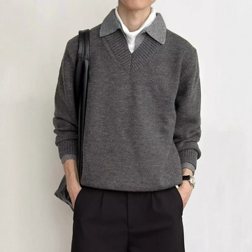 Stay the Night 假兩件V領仿羊絨polo氛圍感老錢毛衣Stay the Nig鑫弘-衣錦男裝