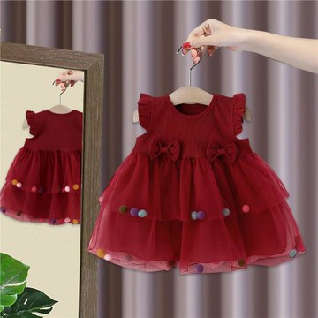 童裝女童裙子夏季新款小女孩粉色公主裙兒童蝴蝶結球球連衣裙4845