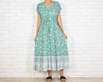 海星貝殼圖案V領荷葉邊洋裝 海洋生物主題 綠色