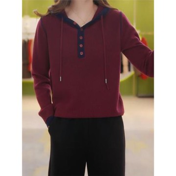 連帽衛衣羊毛針織衫女秋冬外穿搭撞色上衣洋氣寬松小香風打底毛衣