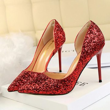 KissXXX 亮片高跟鞋 尖頭高跟鞋/璀璨亮片側縷空優雅細跟尖頭高跟鞋 紅